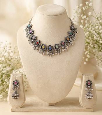 oxidized silver multicolor necklace set with jhumka earrings   navratri garba festive indian boho jewelry for women 1