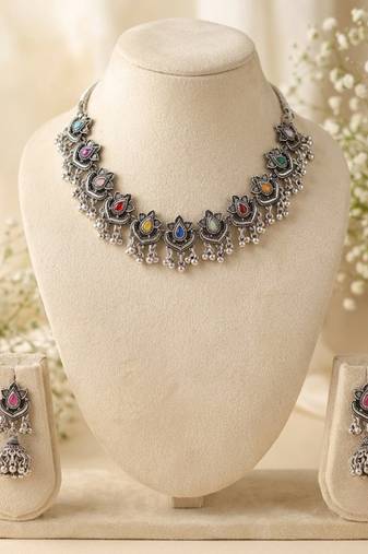 oxidized silver multicolor necklace set with jhumka earrings   navratri garba festive indian boho jewelry for women