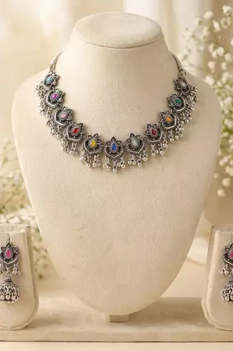 oxidized silver multicolor necklace set with jhumka earrings   navratri garba festive indian boho jewelry for women
