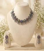 oxidized silver multicolor necklace set with jhumka earrings   navratri garba festive indian boho jewelry for women