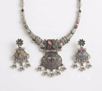 antique oxidized silver multicolor choker necklace & earrings set   indian ethnic tribal festive jewelry 4