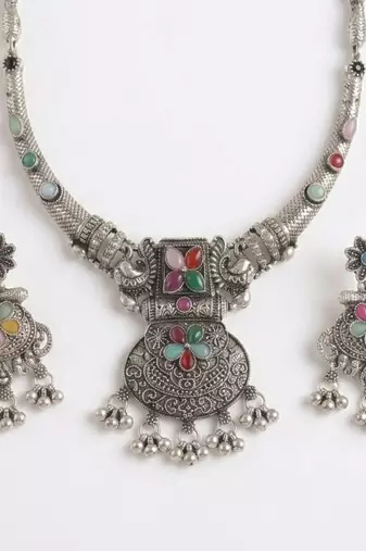 antique oxidized silver multicolor choker necklace & earrings set   indian ethnic tribal festive jewelry