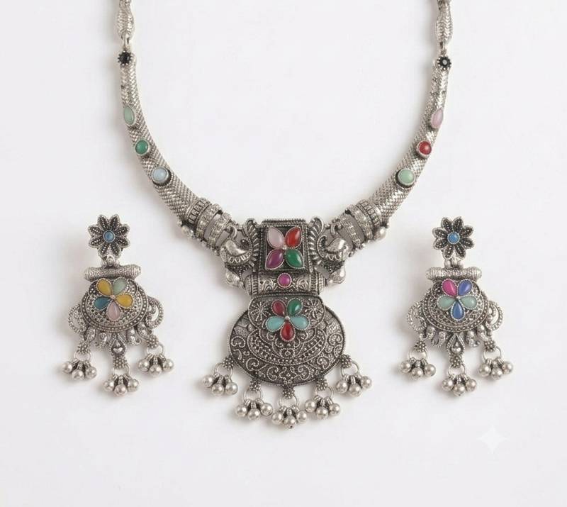 antique oxidized silver multicolor choker necklace & earrings set   indian ethnic tribal festive jewelry