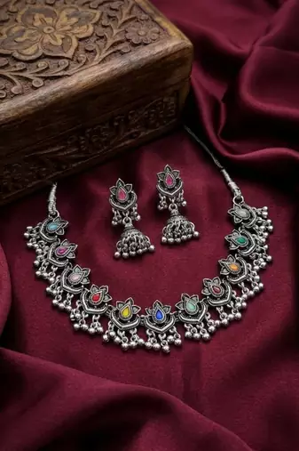 oxidized silver multicolor necklace set with jhumka earrings   navratri garba festive indian boho jewelry for women