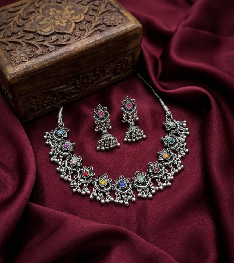 oxidized silver multicolor necklace set with jhumka earrings   navratri garba festive indian boho jewelry for women