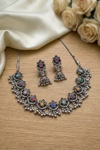 oxidized silver multicolor necklace set with jhumka earrings   navratri garba festive indian boho jewelry for women