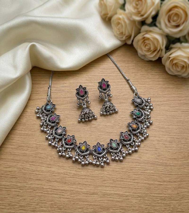 oxidized silver multicolor necklace set with jhumka earrings   navratri garba festive indian boho jewelry for women