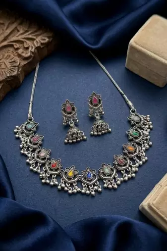 oxidized silver multicolor necklace set with jhumka earrings   navratri garba festive indian boho jewelry for women
