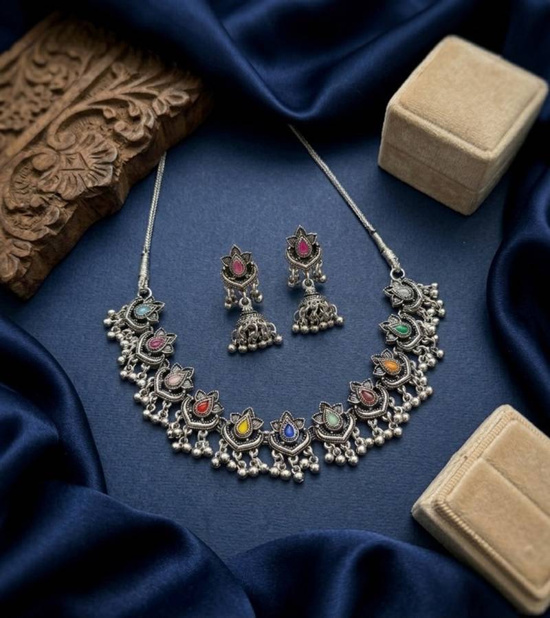 oxidized silver multicolor necklace set with jhumka earrings   navratri garba festive indian boho jewelry for women