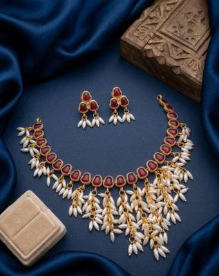 Gold plated ruby hued stone pearl choker necklace set traditional indian wedding jewelry 1