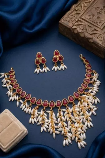 Gold plated ruby hued stone pearl choker necklace set traditional indian wedding jewelry