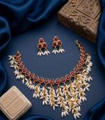 Gold plated ruby hued stone pearl choker necklace set traditional indian wedding jewelry