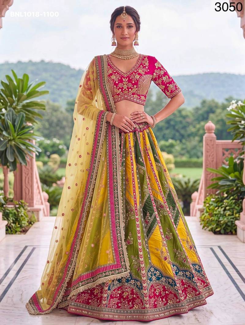 multicolor silk blend embroidered wedding lehenga choli