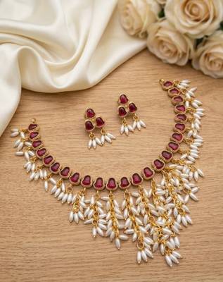 Gold plated ruby hued stone pearl choker necklace set traditional indian wedding jewelry 2