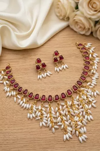 Gold plated ruby hued stone pearl choker necklace set traditional indian wedding jewelry