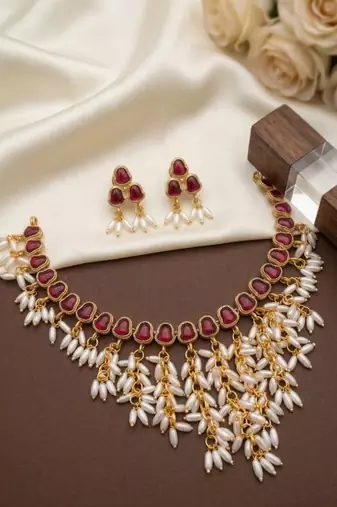 Gold plated ruby hued stone pearl choker necklace set traditional indian wedding jewelry