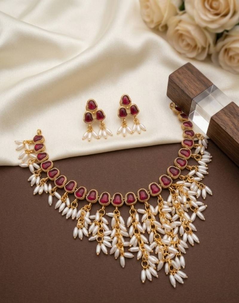 Gold plated ruby hued stone pearl choker necklace set traditional indian wedding jewelry