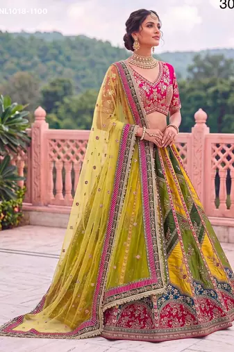 multicolor silk blend embroidered wedding lehenga choli
