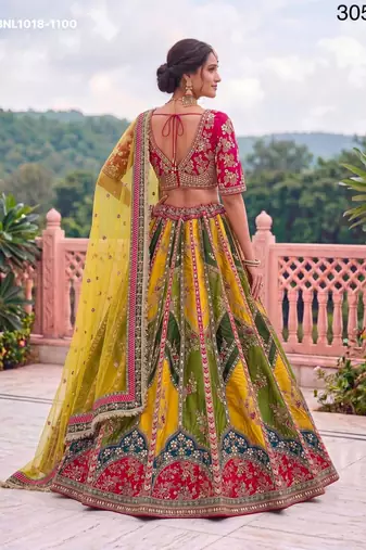 multicolor silk blend embroidered wedding lehenga choli