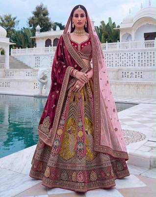 burgundy velvet embroidered bridal lehenga choli 1