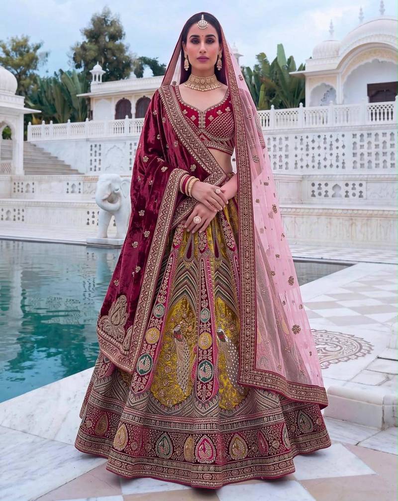 burgundy velvet embroidered bridal lehenga choli