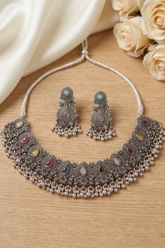navratri oxidized silver multicolor stones choker necklace set with earrings for women - tribal  jewelry set