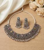 navratri oxidized silver multicolor stones choker necklace set with earrings for women - tribal  jewelry set