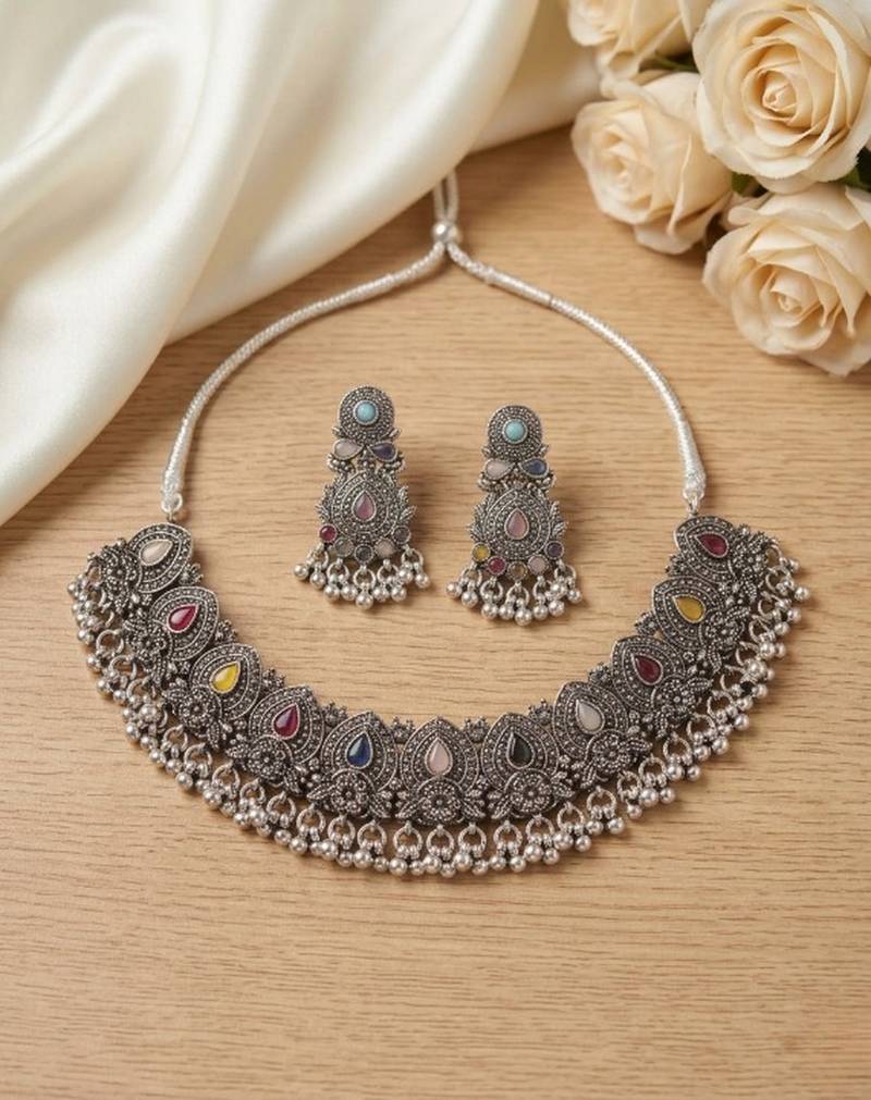 navratri oxidized silver multicolor stones choker necklace set with earrings for women - tribal  jewelry set