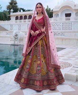 burgundy velvet embroidered bridal lehenga choli 2
