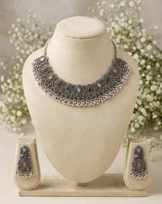 navratri oxidized silver multicolor stones choker necklace set with earrings for women - tribal  jewelry set 2