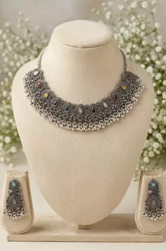 navratri oxidized silver multicolor stones choker necklace set with earrings for women - tribal  jewelry set