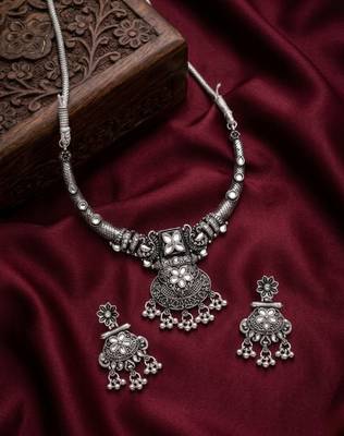 avratri special oxidised silver jewellery set   ethnic choker necklace & earrings 1