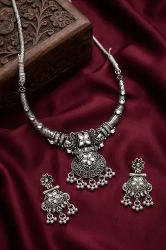 avratri special oxidised silver jewellery set   ethnic choker necklace & earrings