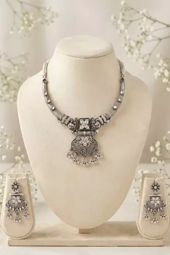 avratri special oxidised silver jewellery set   ethnic choker necklace & earrings