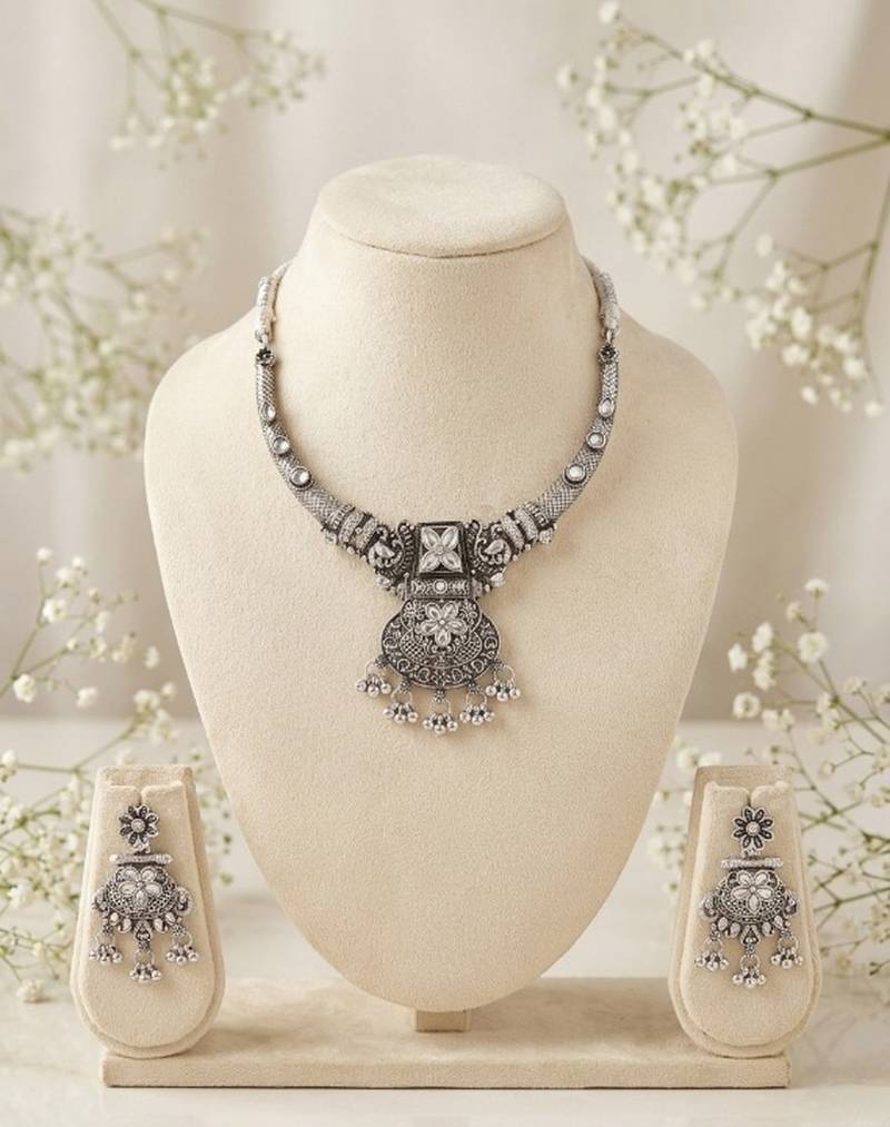 avratri special oxidised silver jewellery set   ethnic choker necklace & earrings