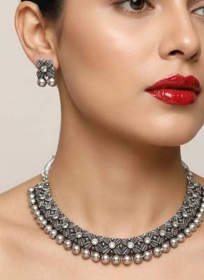 antique oxidized silver choker necklace & earrings set   traditional navratri garba ethnic jewellery 1