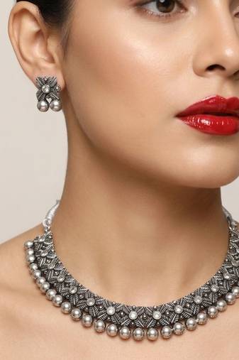 antique oxidized silver choker necklace & earrings set   traditional navratri garba ethnic jewellery