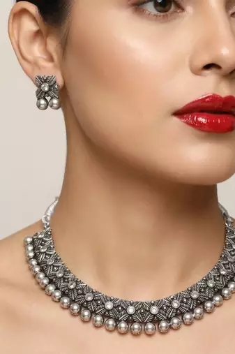 antique oxidized silver choker necklace & earrings set   traditional navratri garba ethnic jewellery