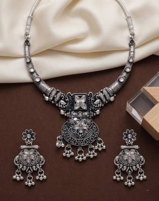 avratri special oxidised silver jewellery set   ethnic choker necklace & earrings 3