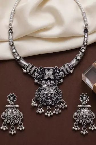avratri special oxidised silver jewellery set   ethnic choker necklace & earrings