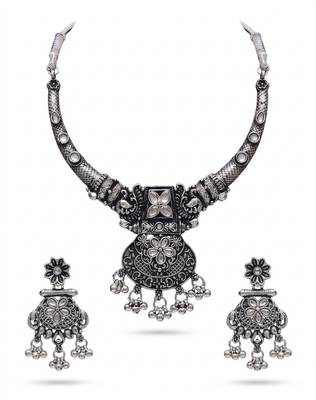 avratri special oxidised silver jewellery set   ethnic choker necklace & earrings 4
