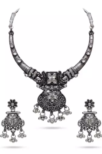 avratri special oxidised silver jewellery set   ethnic choker necklace & earrings