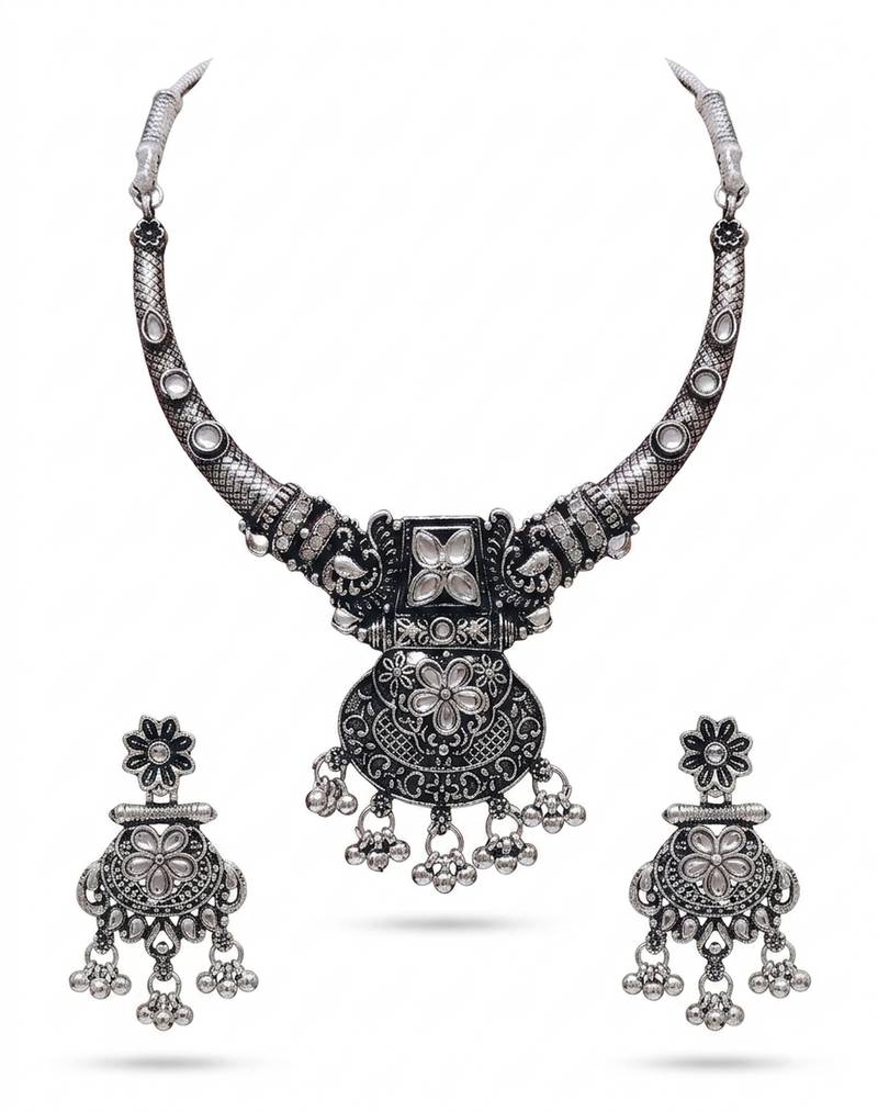 avratri special oxidised silver jewellery set   ethnic choker necklace & earrings