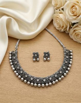 antique oxidized silver choker necklace & earrings set   traditional navratri garba ethnic jewellery 2
