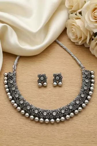 antique oxidized silver choker necklace & earrings set   traditional navratri garba ethnic jewellery