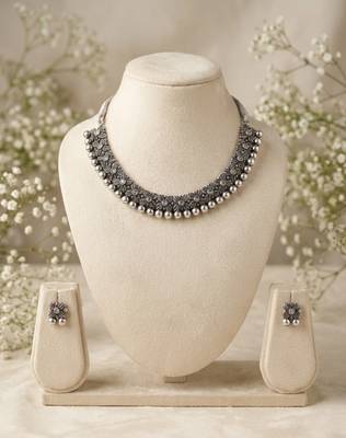 antique oxidized silver choker necklace & earrings set   traditional navratri garba ethnic jewellery 3
