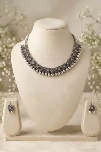 antique oxidized silver choker necklace & earrings set   traditional navratri garba ethnic jewellery