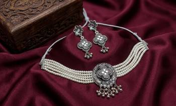oxidized pearl choker necklace set with lotus motif mirror pendant & matching earrings   navratri festive wear 1