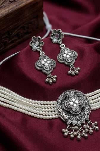 oxidized pearl choker necklace set with lotus motif mirror pendant & matching earrings   navratri festive wear