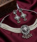 oxidized pearl choker necklace set with lotus motif mirror pendant & matching earrings   navratri festive wear